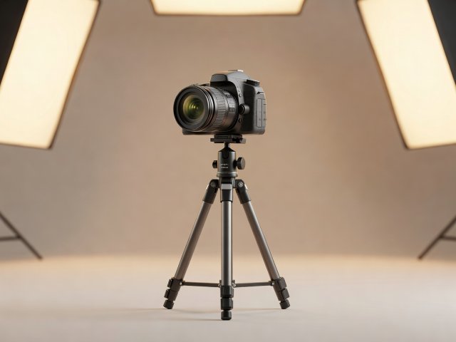3D render of a mirrorless camera on a small tripod against a plain warm backdrop