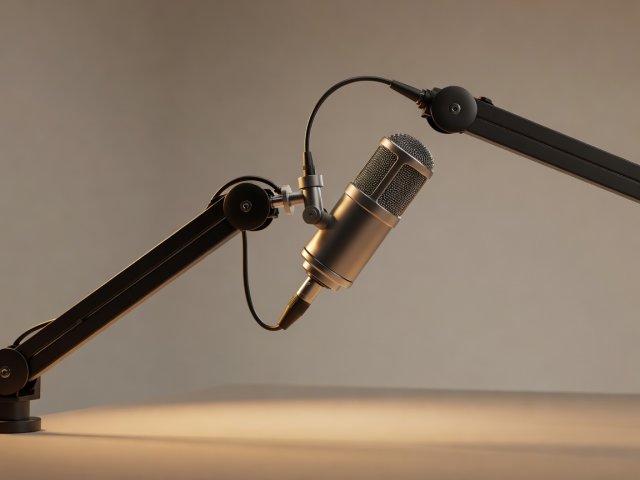 3D render of a dynamic podcast microphone on a boom arm with soft amber lighting
