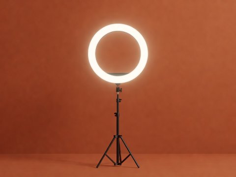 3D render of a ring light casting a soft amber glow on a plain warm background